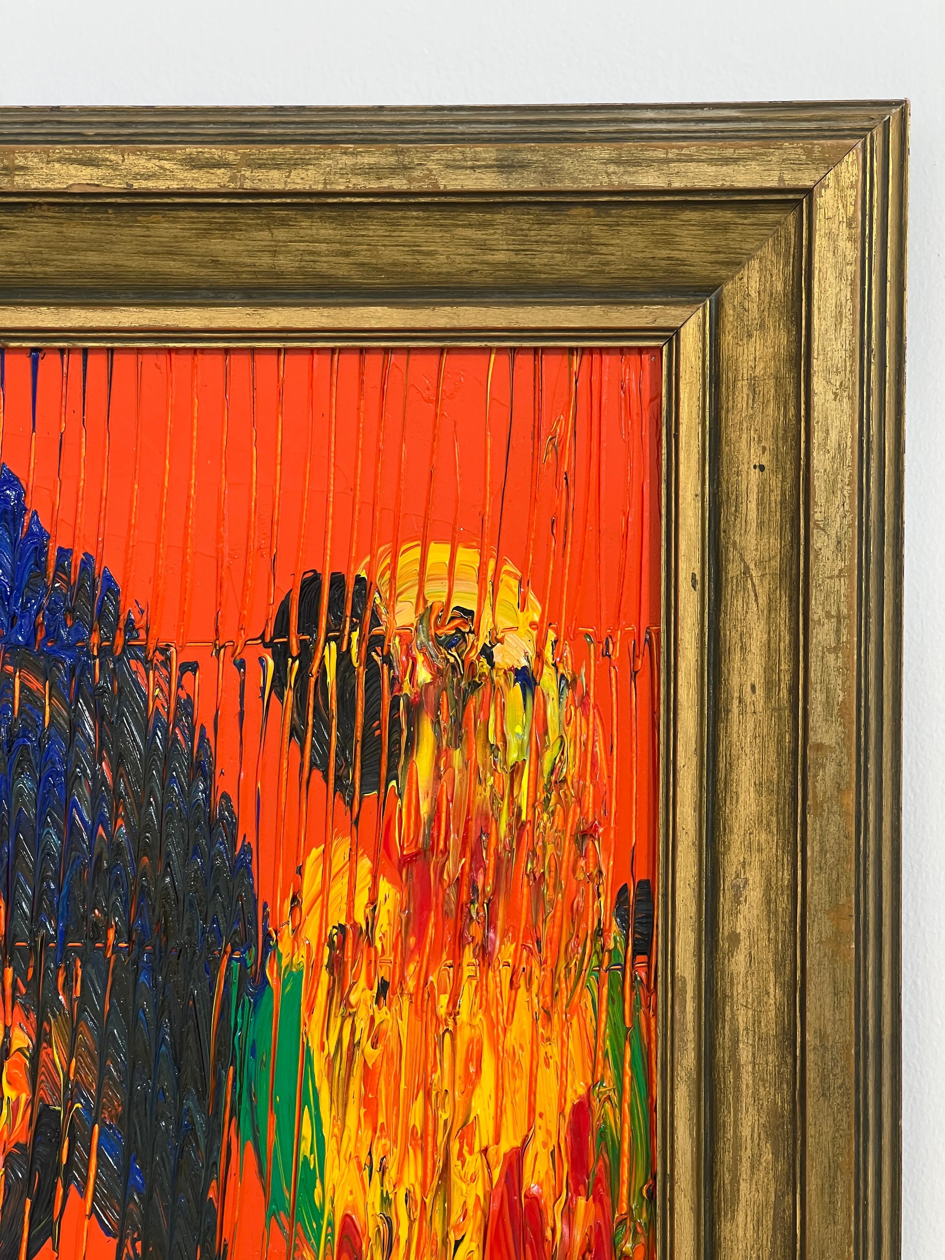 Hunt Slonem „Dazzling Conjures“ Mehrfarbige Papageienvogel auf orangefarbenem Hintergrund im Angebot 3