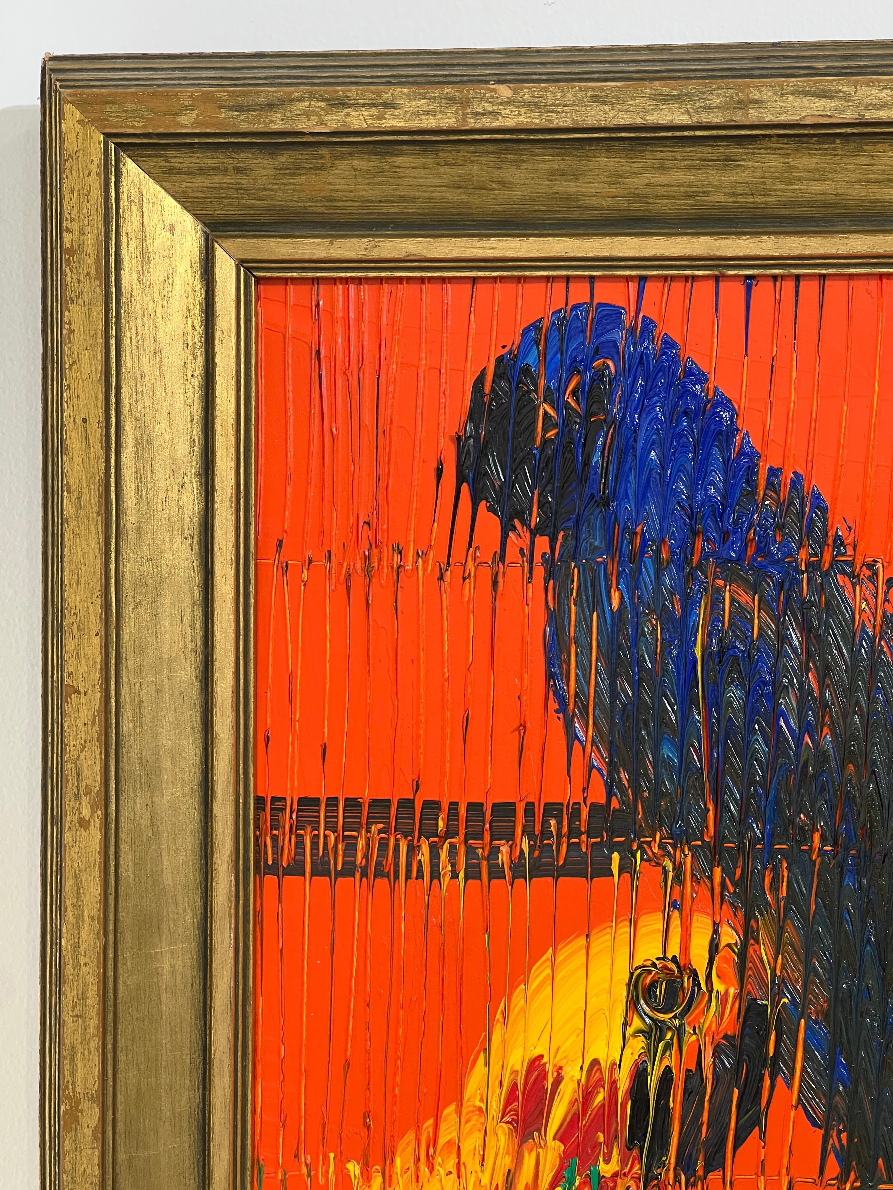 Hunt Slonem „Dazzling Conjures“ Mehrfarbige Papageienvogel auf orangefarbenem Hintergrund im Angebot 4