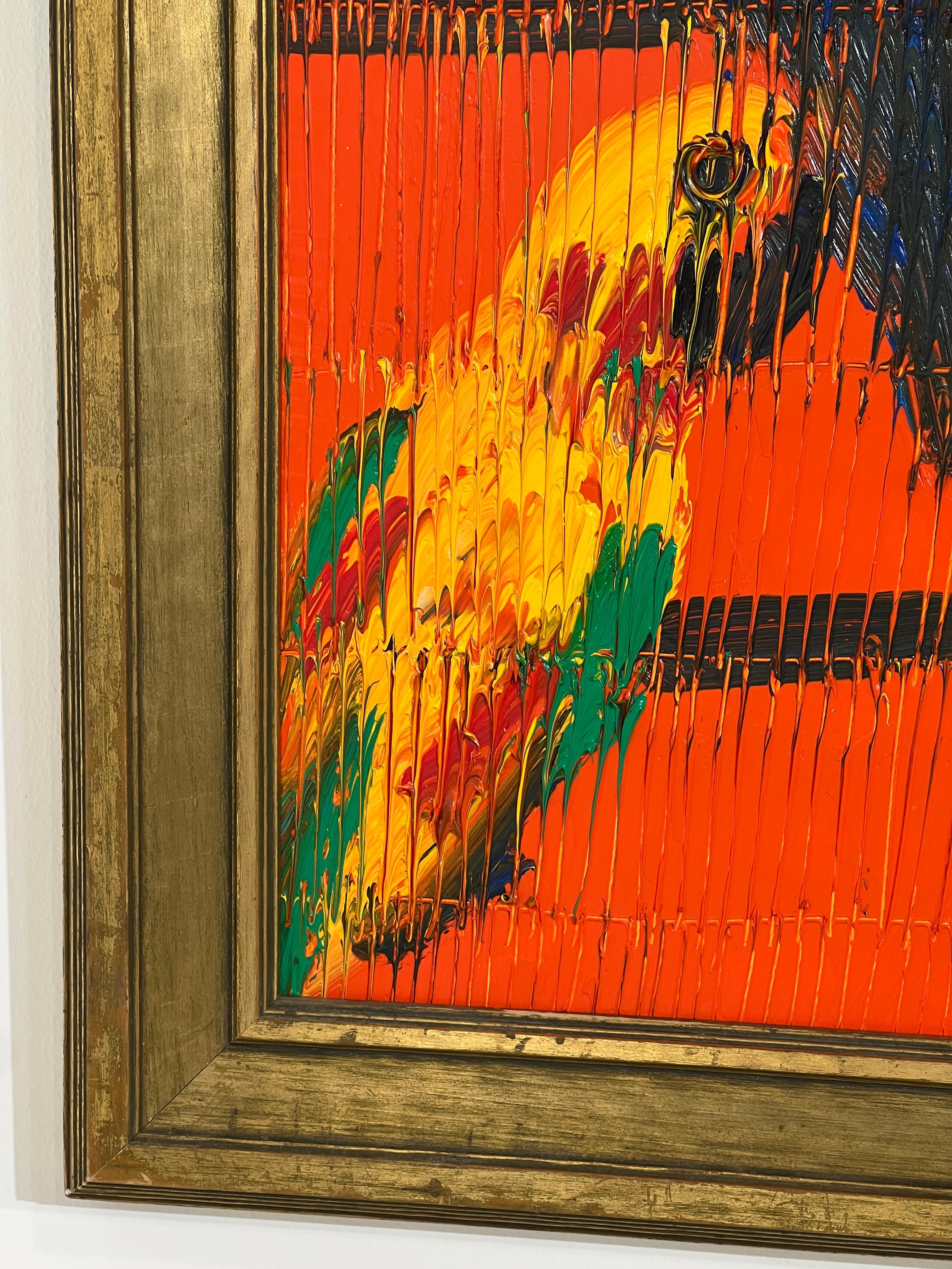 Hunt Slonem „Dazzling Conjures“ Mehrfarbige Papageienvogel auf orangefarbenem Hintergrund im Angebot 5