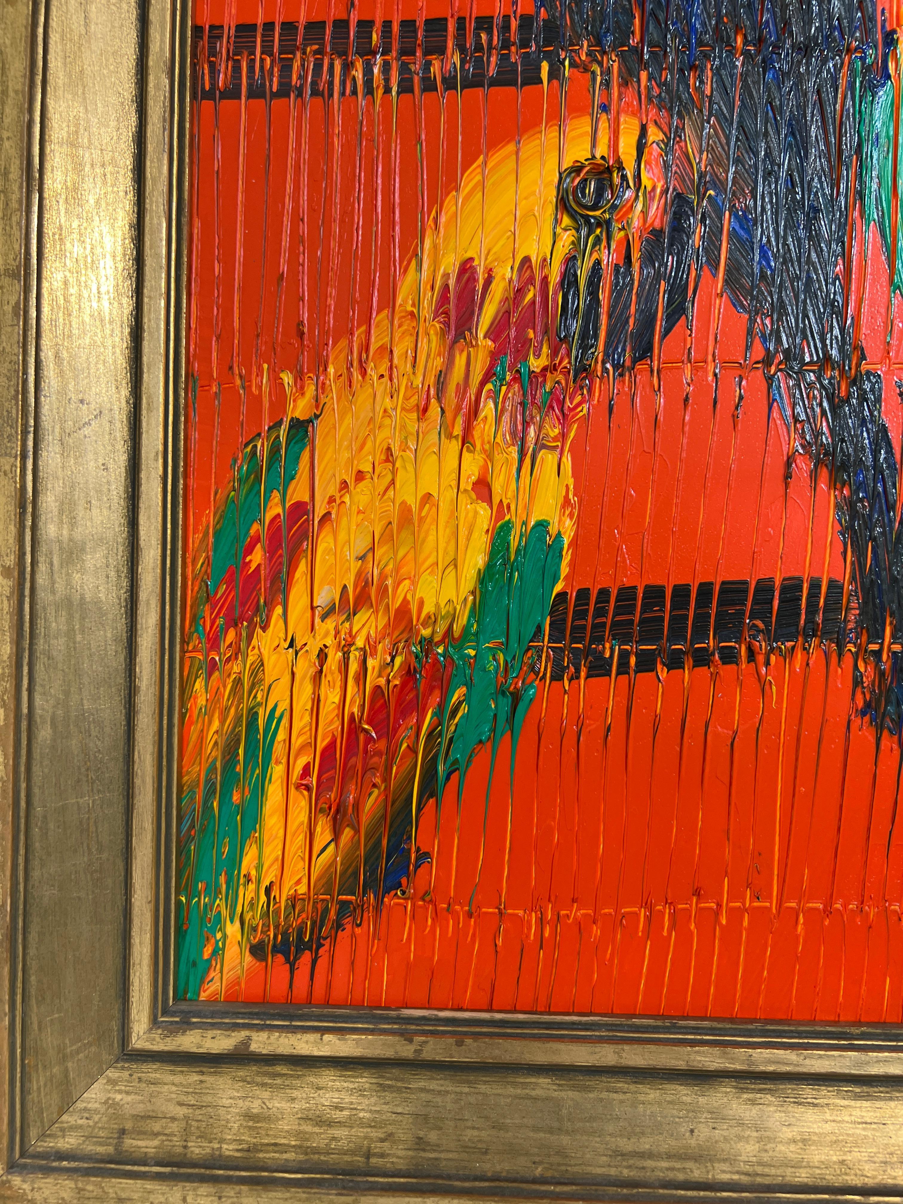 Hunt Slonem „Dazzling Conjures“ Mehrfarbige Papageienvogel auf orangefarbenem Hintergrund im Angebot 7