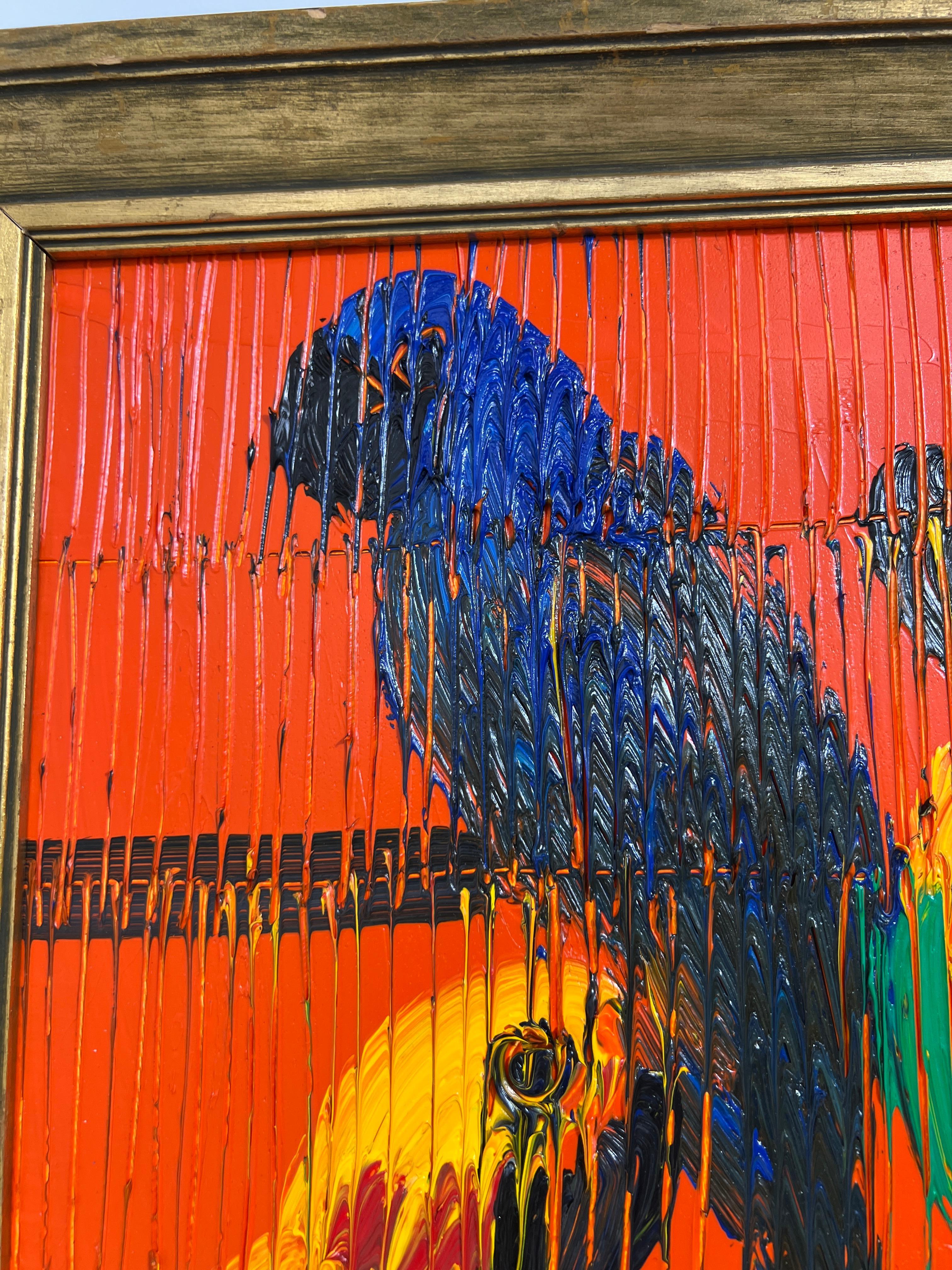 Hunt Slonem „Dazzling Conjures“ Mehrfarbige Papageienvogel auf orangefarbenem Hintergrund im Angebot 8