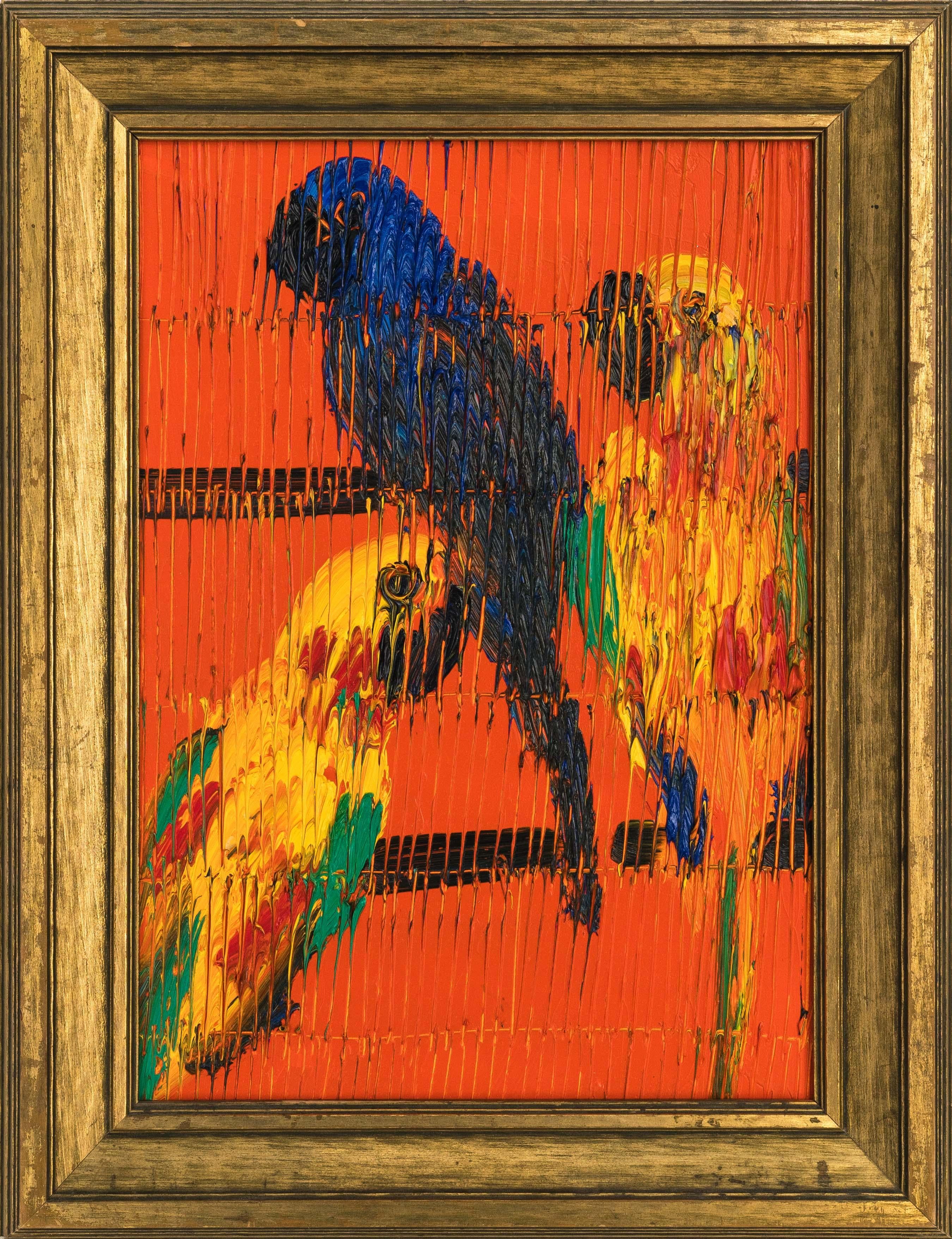 Hunt Slonem „Dazzling Conjures“ Mehrfarbige Papageienvogel auf orangefarbenem Hintergrund