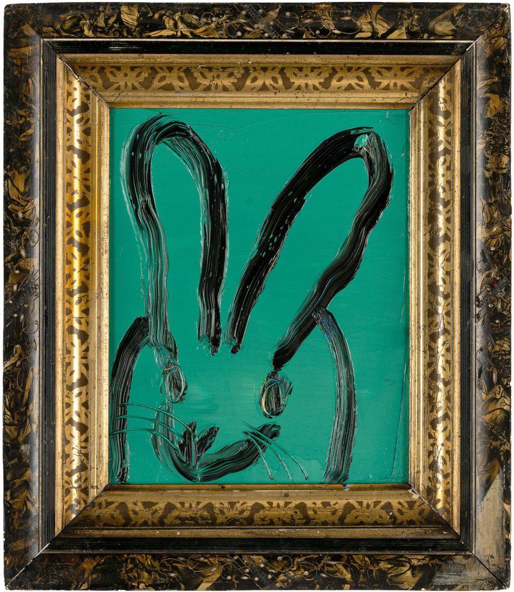 Renowned artist Hunt Slonem's "Deep Lawn" is a 10x8 oil painting on wood board of a single contemporary black abstract rabbit in black against a deep forest green background background.

*Painting is framed - Please note that not all Hunt Slonem