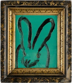 Hunt Slonem, "Deep Lawn", 10x8 Forest Green Single Bunny Rabbit Oil Painting