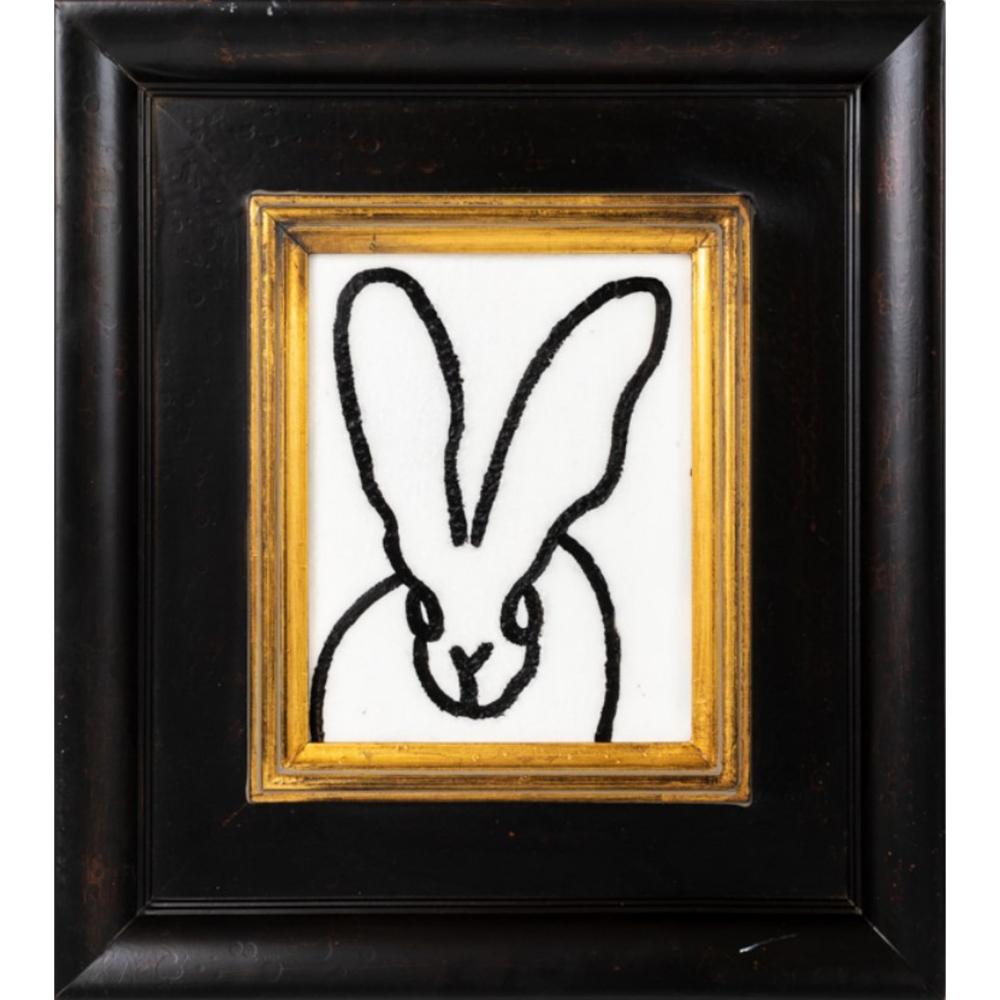 Renowned artist Hunt Slonem's "Diamond Dust Andrew" is a 10x8 black and white oil painting on wood board of a contemporary abstract rabbit in his choice of antique framing.

*Painting is framed - Please note that not all Hunt Slonem frames are in
