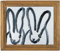 Hunt Slonem, "Double Bunny" 13.5 x 16 Black and White Double Rabbit Oil Painting