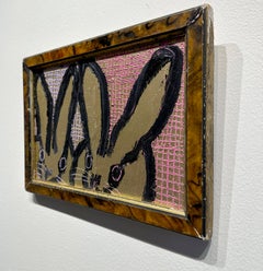 Hunt Slonem, "Double Score" Pink Purple Gold Rabbits Bunny Oil Painting on Board