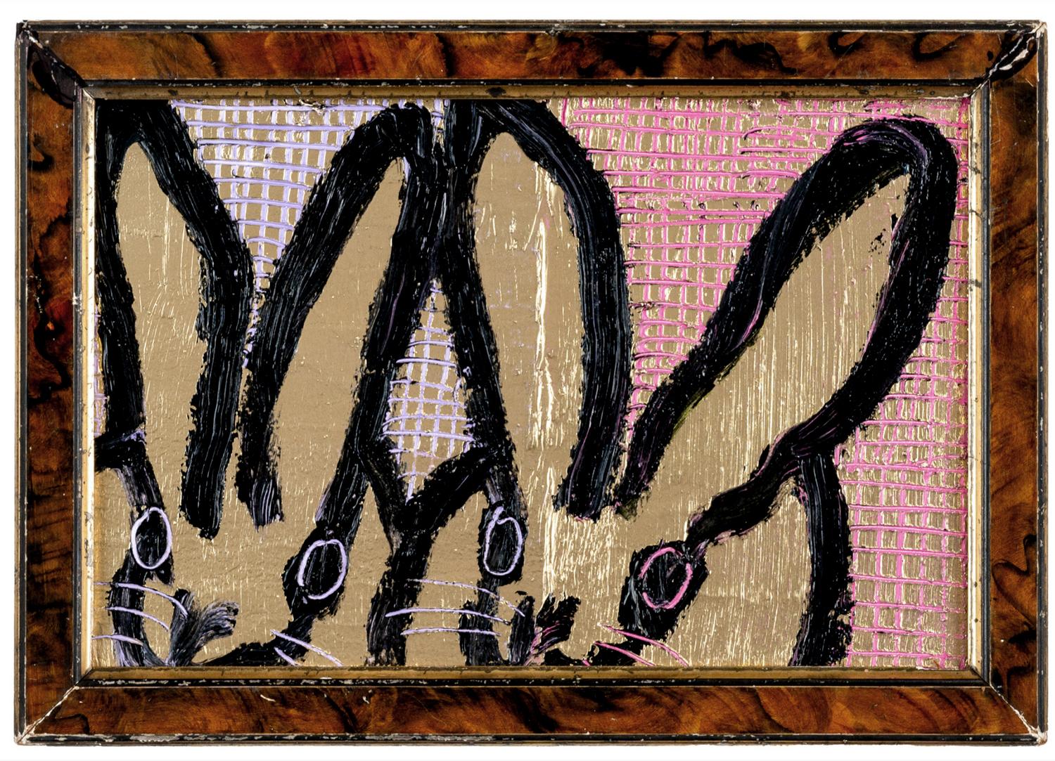 Renowned artist Hunt Slonem's "Double Score" is a 8x12 oil painting on wood featuring two black bunny outlines over a scored multi-colored pink and purple background, finished with the artist's choice of antique gold framing. Use of gold leafing