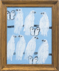 Hunt Slonem "Doves & Butterfly" painting of birds and butterflies
