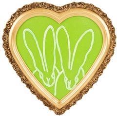 Hunt Slonem, "Duo", 19x19 Lime Green Heart Double Bunny with Diamond Dust Oil 