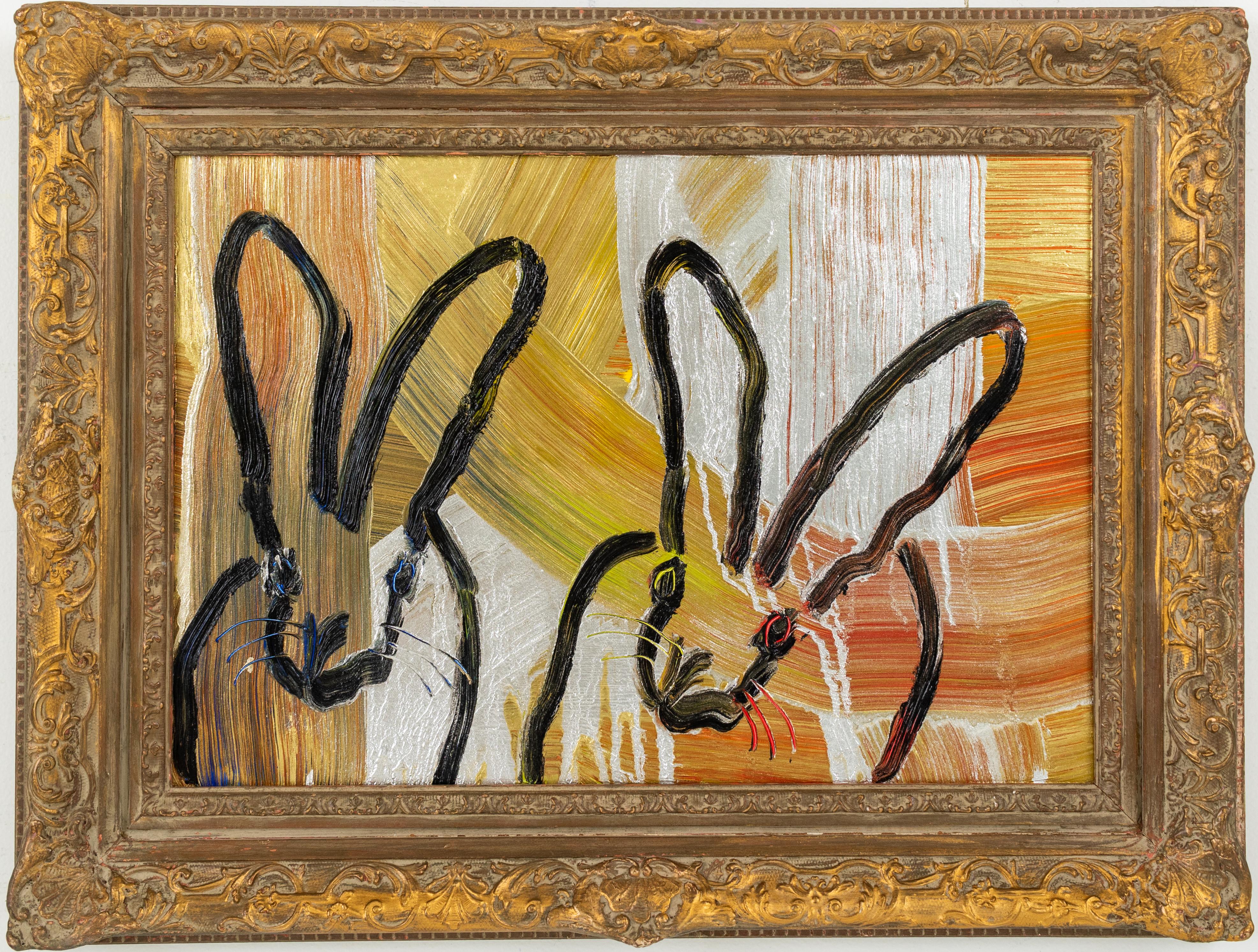 Hunt Slonem "Duo I" Metallic Multicolored Bunnies
Black outlined bunnies on a "totem" multicolored metallic background in an antique gold frame

Unframed: 16 x 23 inches  
Framed: 22.5 x 29.5 inches
*Painting is framed - Please note that not all