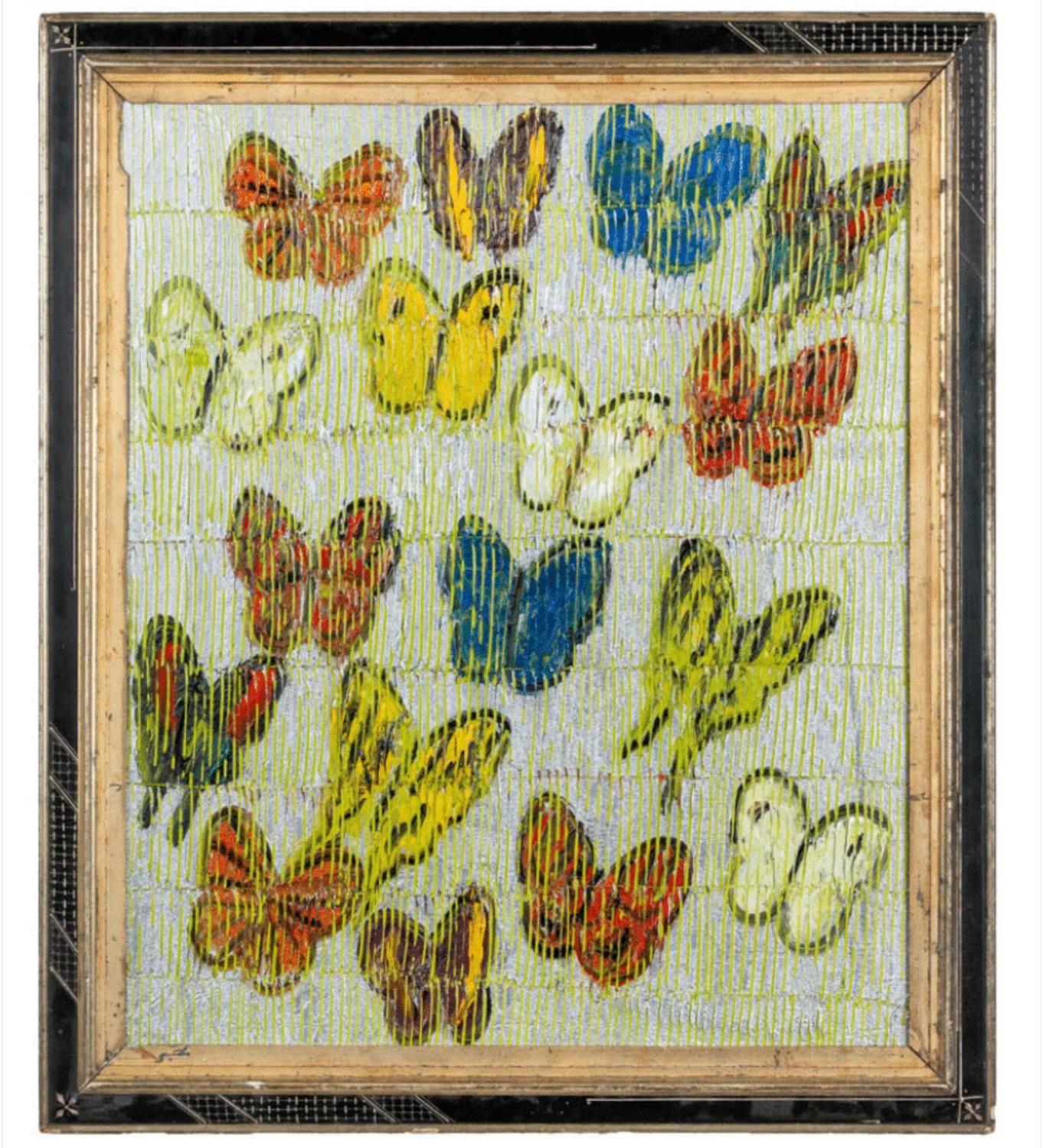 Renowned artist Hunt Slonem's "East Lake New" is a 29.5 x24.5 metallic silver scored oil painting on wood board of contemporary abstract colorful butterflies in oranges, blues, yellows, and whites. 

*Painting is framed - Please note that not all