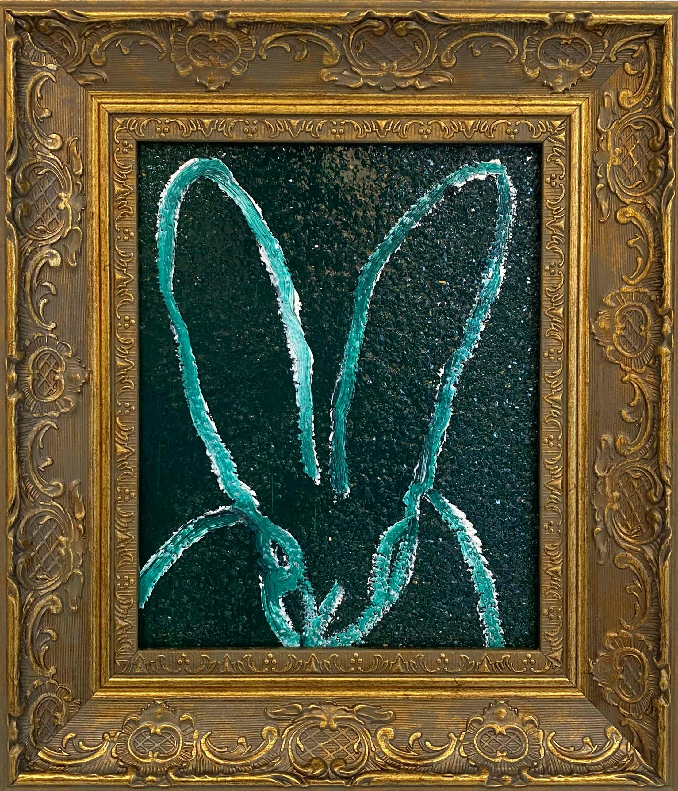 Hunt Slonem "Emerald" White and Green Bunny
A single rabbit gestured in white on a green "diamond dust" background in a vintage frame

Unframed: 10 x 8 inches
Framed: 14.5 x 12.5 inches
*Painting is framed - Please note Hunt Slonem paintings with