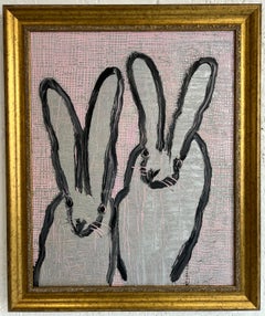 Hunt Slonem "Enraptured" Bunny Couple in Silver and Pink