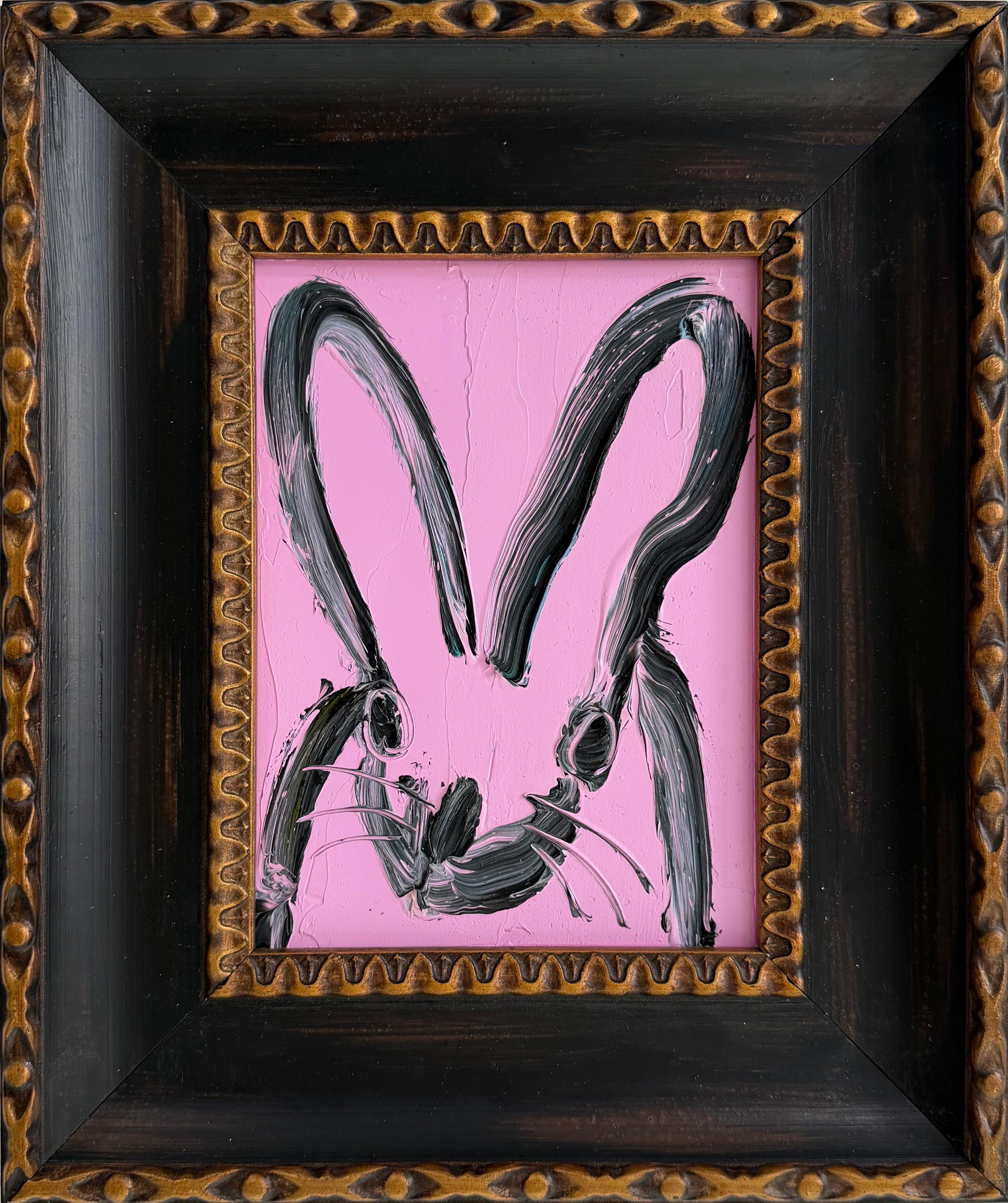 Hunt Slonem "Field" Black and Pink Bunny
A single rabbit gestured in black on a pink background in a vintage frame

Unframed: 8 x 6 inches
Framed: 12.5 x 10.5 inches
*Painting is framed - Please note Hunt Slonem paintings with frames may show signs