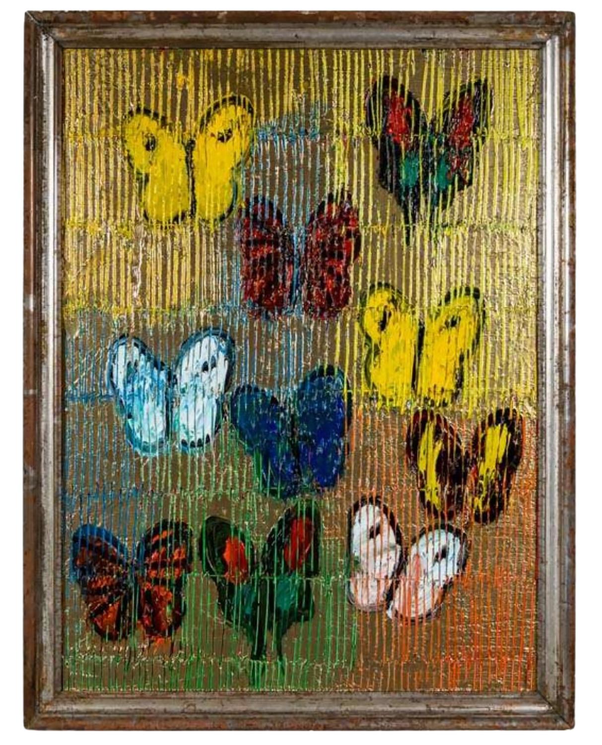 Hunt Slonem, "Field Goals", Colorful Gold Butterfly Oil Painting Antique Frame