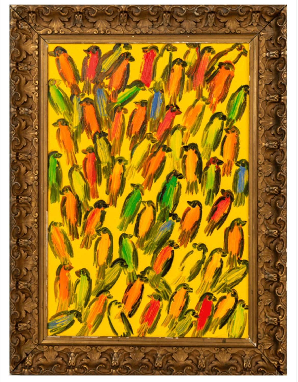 Renowned artist Hunt Slonem's "Finches Jackie" is a 26.5 x 18 colorful yellow-orange oil painting on wood board of contemporary abstract finches in blue, yellow, and orange. Finished in his choice of antique framing. 

*Painting is framed - Please