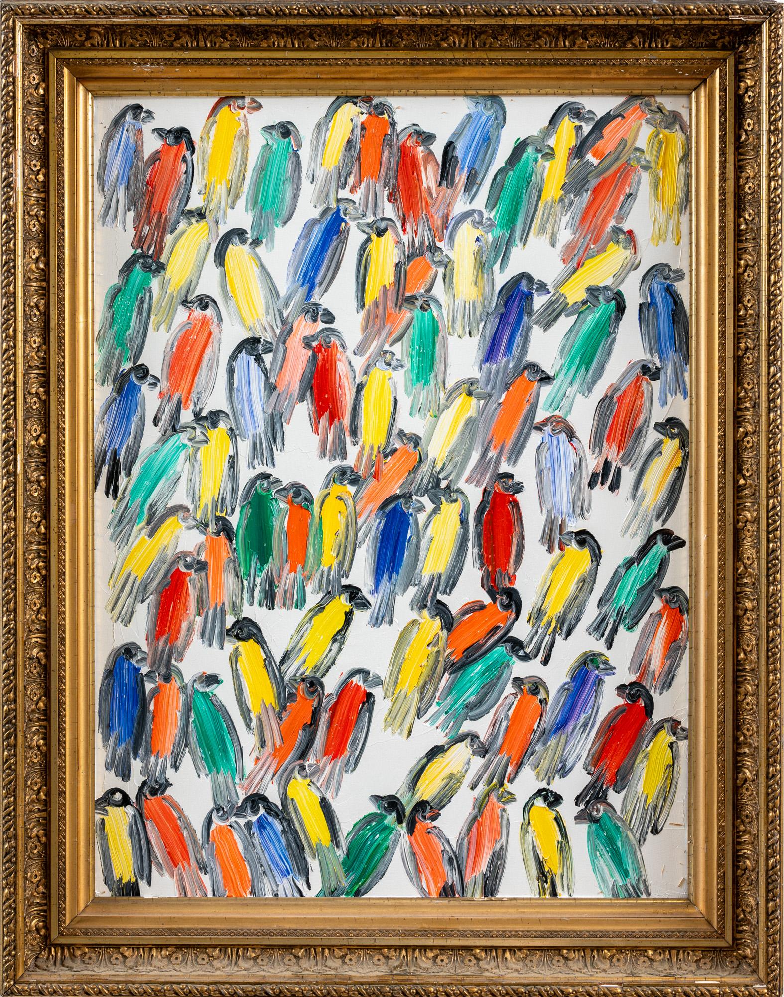 Hunt Slonem "Finches" Neo-Expressionist Birds Framed Oil on Wood Painting