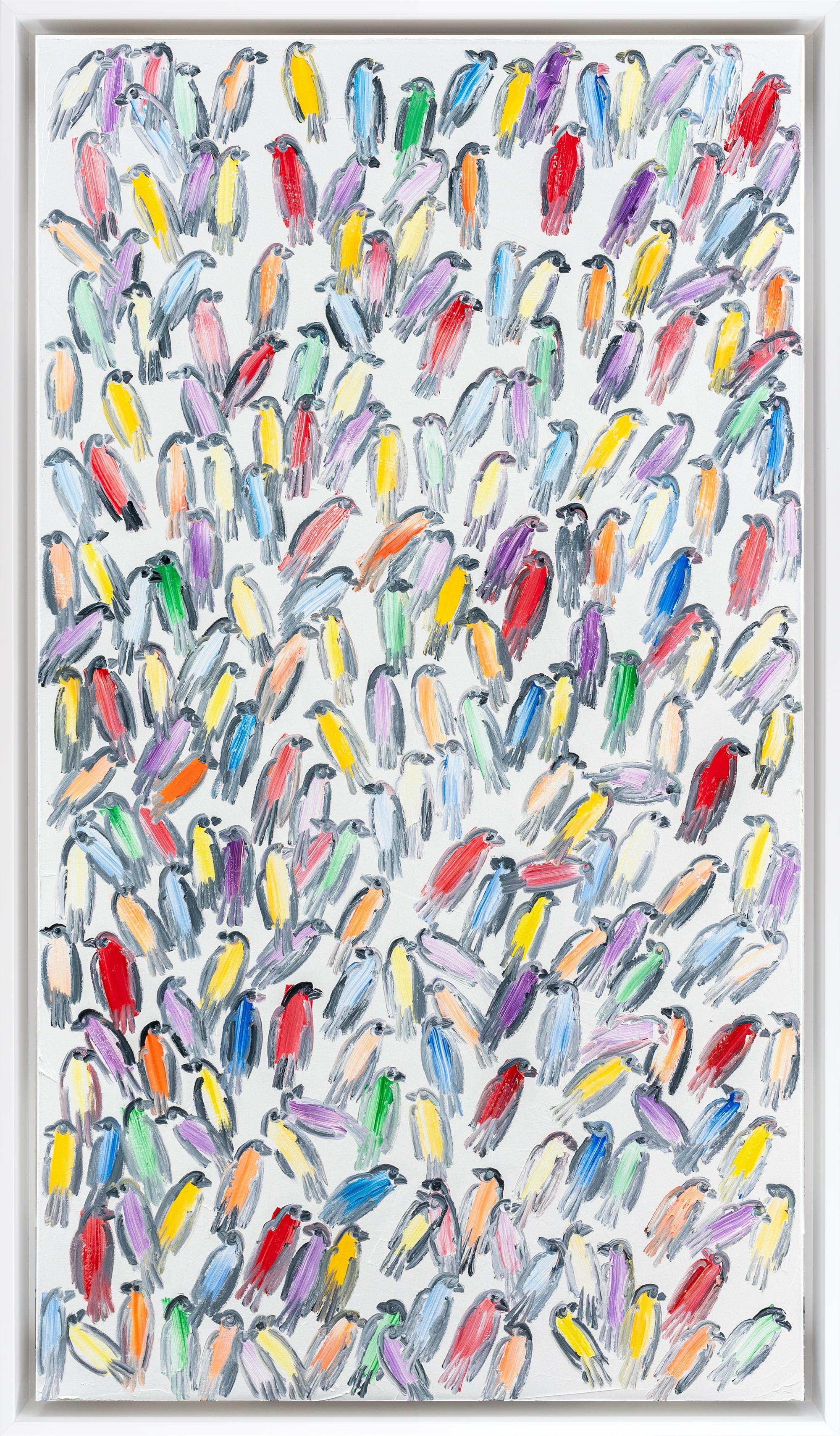 "Finches New Orleans" is a framed Neo-expressionist oil painting on canvas by Hunt Slonem depicting a large group of colorful birds set against a white background. 

This piece is finished in a pure white floater frame. Pricing includes the pictured