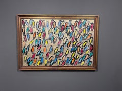 Hunt Slonem, "Finches on Gold", 24x36 Colorful Textured Bird Oil Painting