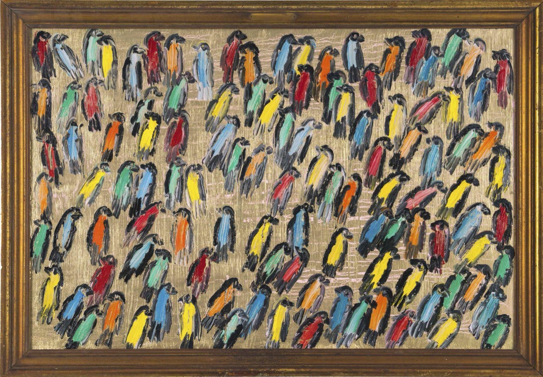 Renowned artist Hunt Slonem's "Finches on Gold" is a 24x 36 colorful gold background oil painting on wood board of contemporary abstract finches in blue, yellow, green, red, pink, and orange. Finished in his choice of antique framing. Signed to