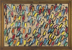 Hunt Slonem, "Finches on Gold", 24x36 Peinture à l'huile d'oiseaux colorée et texturée