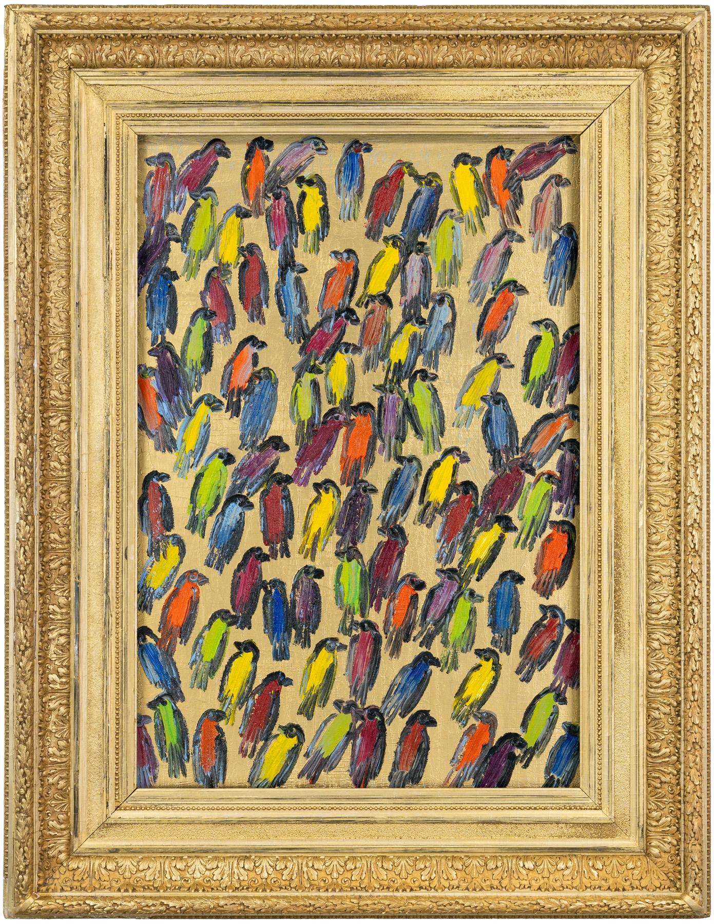 Hunt Slonem "Finches Purple Whydah" Multicolored Birds on Gold metallic background. 
Multicolored Finches birds on a metallic gold background. Framed in an antique gold frame. 

Unframed: 38 x 27 inches
Framed: 52 x 40 inches
*Painting is framed -