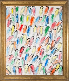 Hunt Slonem, "Pinzones Tues", 31x26 Pintura al óleo con textura de pájaros de colores