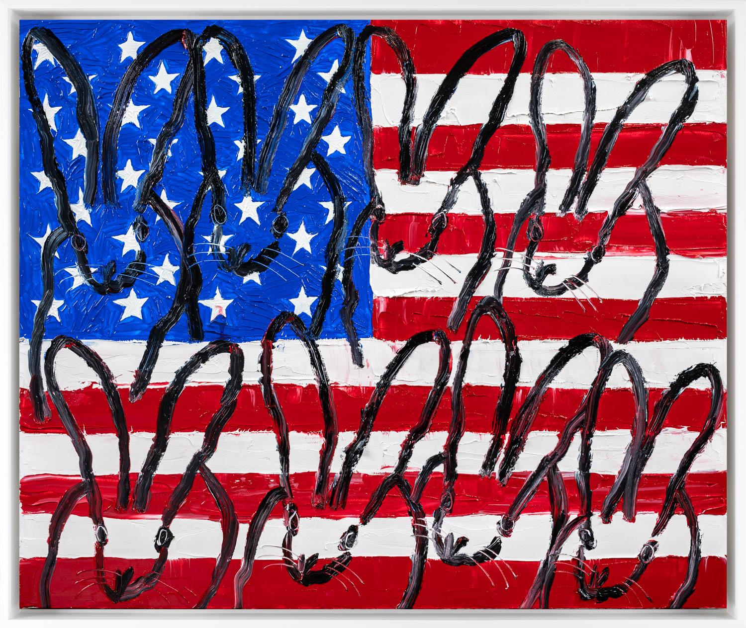 "Flag" est une peinture à l'huile sur toile néo-expressionniste encadrée de Hunt Slonem représentant une ribambelle de lapins sur fond de drapeau américain. 

Cette pièce est finie dans un cadre flottant blanc pur. Le prix comprend le cadre