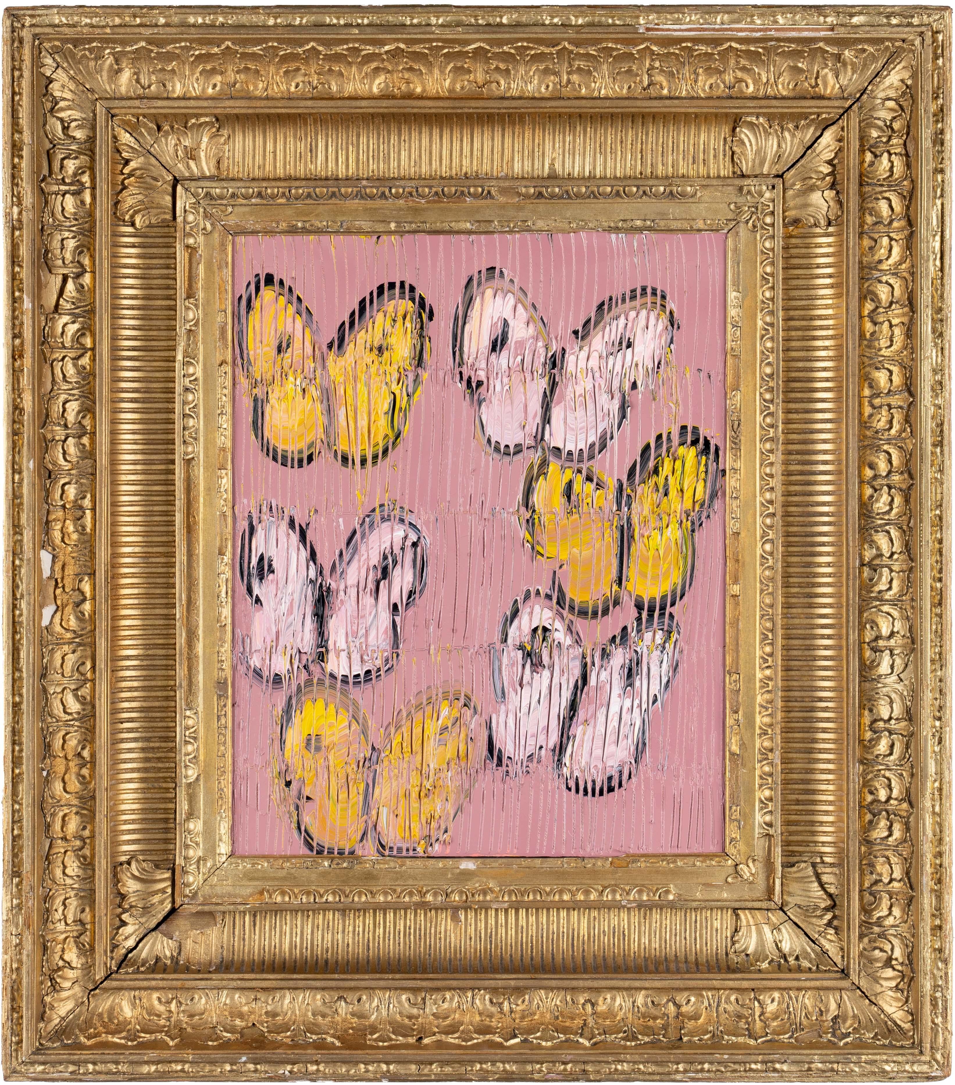 Hunt Slonem "Flight" Pink & Yellow Butterflies
Black outlined light pink and yellow butterflies on a pink etched background in a gold antique frame.

Unframed: 15 x 12 inches
Framed: 26 x 23 inches
*Painting is framed - Please note Hunt Slonem