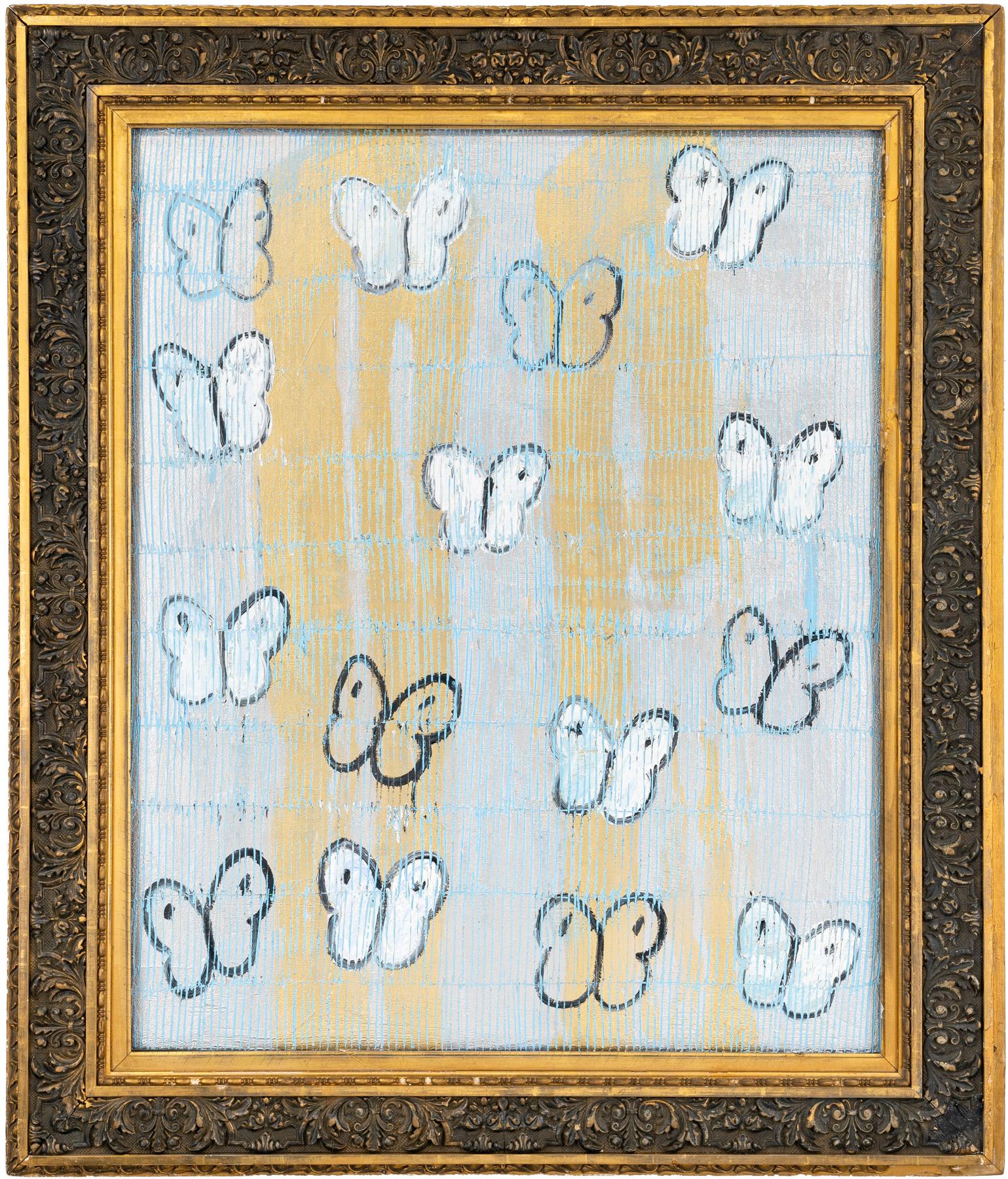 Hunt Slonem "Flutter Ascension in Blue" Butterflies
Black outlined white and light blue butterflies on a gold and silver etched background in an antique frame.

Unframed: 39.5 x 32.5 inches
Framed: 49 x 42 inches
*Painting is framed - Please note