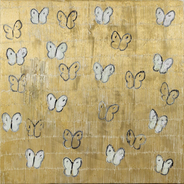 'White Ascension' by Hunt Slonem, 2021. Oil on canvas, 48 x 48 in.This painting features a charming portrait of butterflies. The butterflies are painted in black and white on a metallic gold background with a cross-hatch texture. 

Considered one of