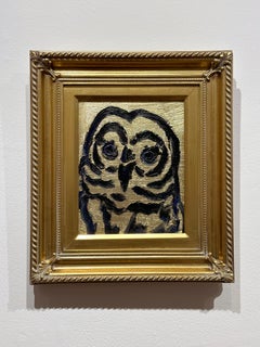Hunt Slonem, "Golden Owl" 10x8 Gold and Black Owl Oil Painting on Board