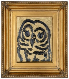 Hunt Slonem, "Golden Owl" Peinture à l'huile sur panneau 10x8 Hibou doré et noir