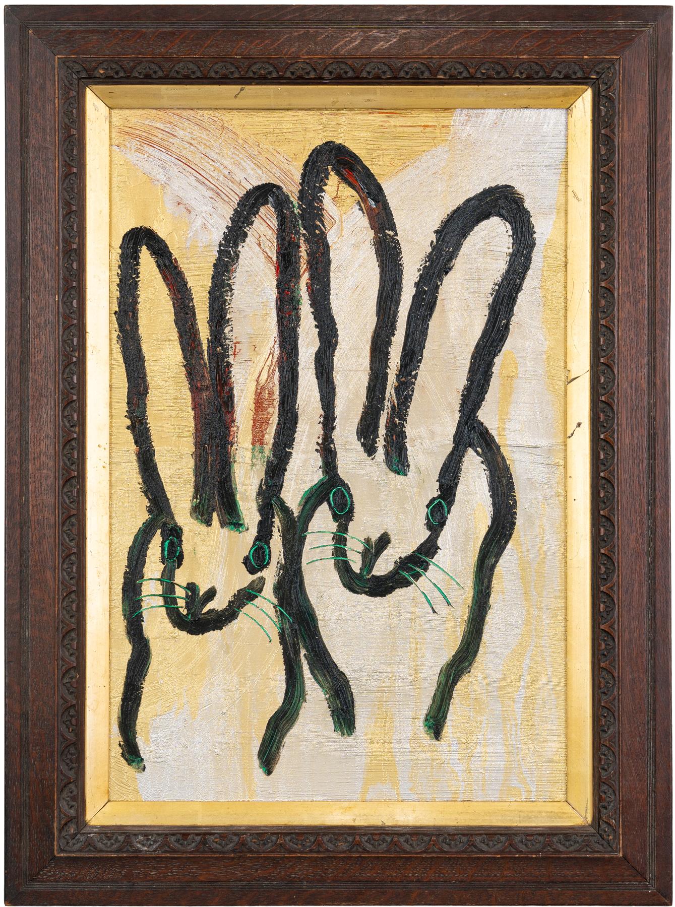 Hunt Slonem "Green Eyes" Bunnies on Metallic
Black outlined bunnies with over a gold and silver metallic background with green etched-in details. Framed in an antique wooden frame.

Unframed: 24 x 16 inches
Framed: 30.5 x 22.5 inches
*Painting is