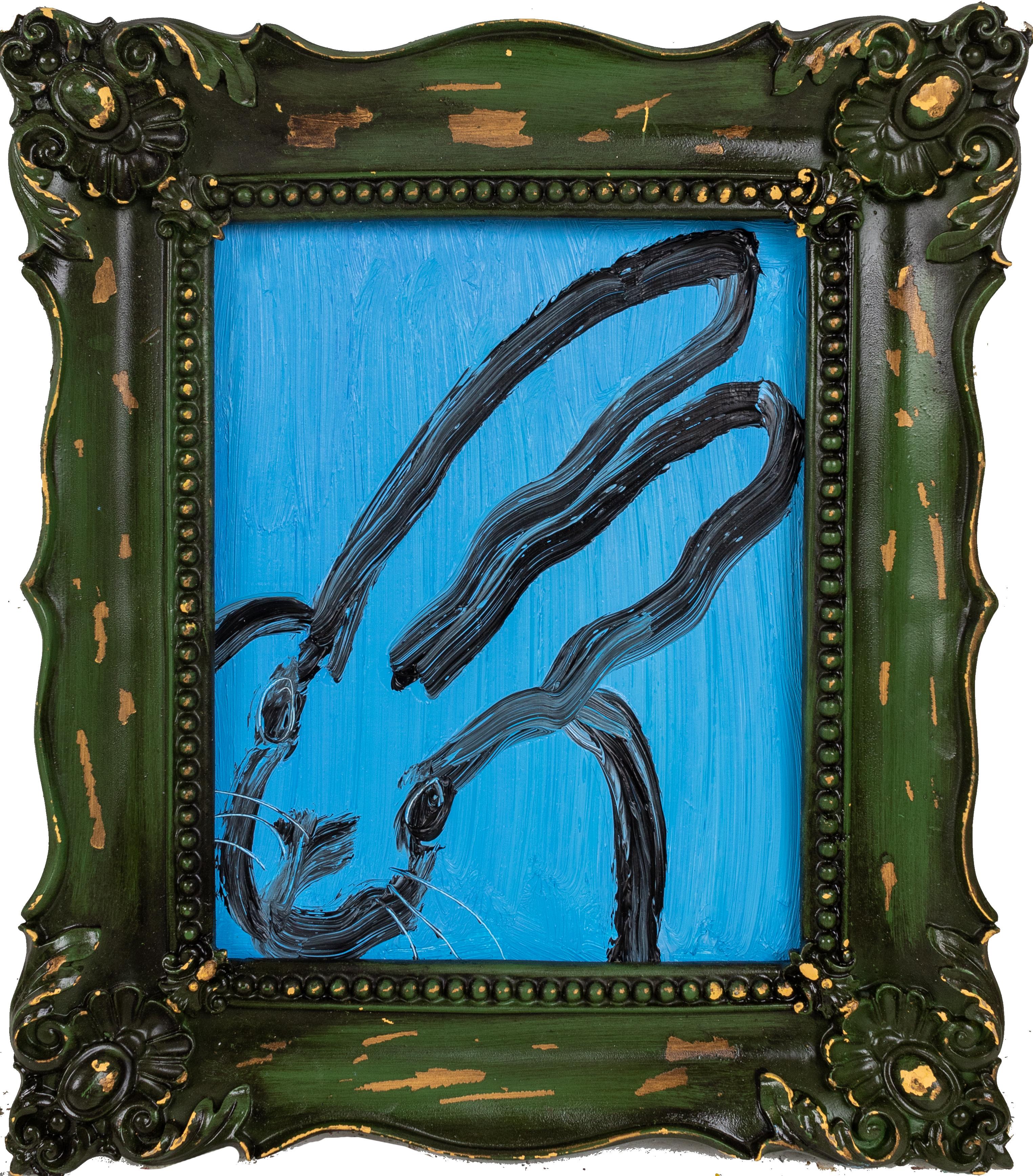 Hunt Slonem "Green Pea" Blue Bunny
Black gestured bunny on blue surface in a green vintage frame

Unframed: 10 x 8 in.
Framed: 13 x 11 in
*painting is framed*

Hunt Slonem is a well-renowned American artist is known for his neo-expressionist