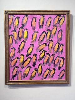 Hunt Slonem, "Green Singers", 25x22 Pink Yellow Bird Finch Oil Painting