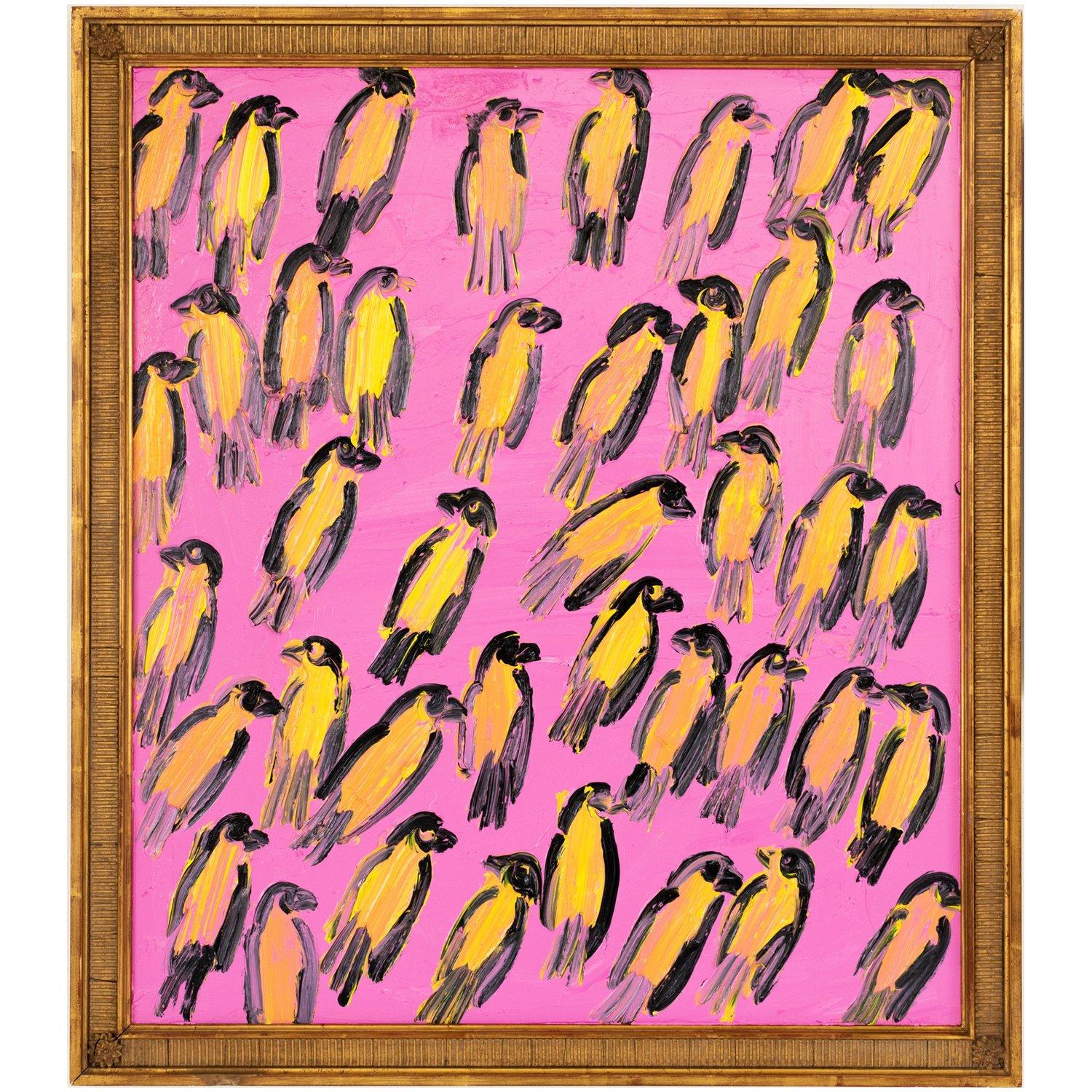 Hunt Slonem, "Green Singers", 25x22 Pink Yellow Bird Finch Oil Painting 