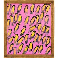 Hunt Slonem, « Green Singers », peinture à l'huile rose et jaune, 25 x 22 cm 