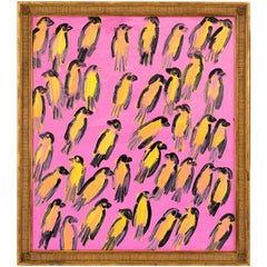 Hunt Slonem, « Green Singers », peinture à l'huile rose et jaune, 25 x 22 cm