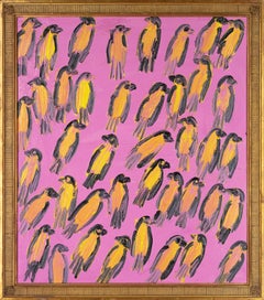 Hunt Slonem "Green Singers" Oil Painting of Yellow Birds on Pink Background