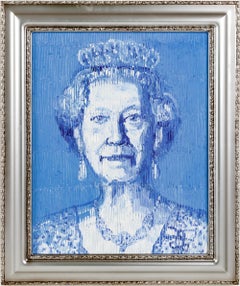 Hunt Slonem "Su Majestad" Isabel II Retrato Enmarcado Pintura al Óleo sobre Madera