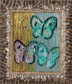 Hunt Slonem "Hey Ho" Silver, Gold, and Blue Metallic Butterflies
