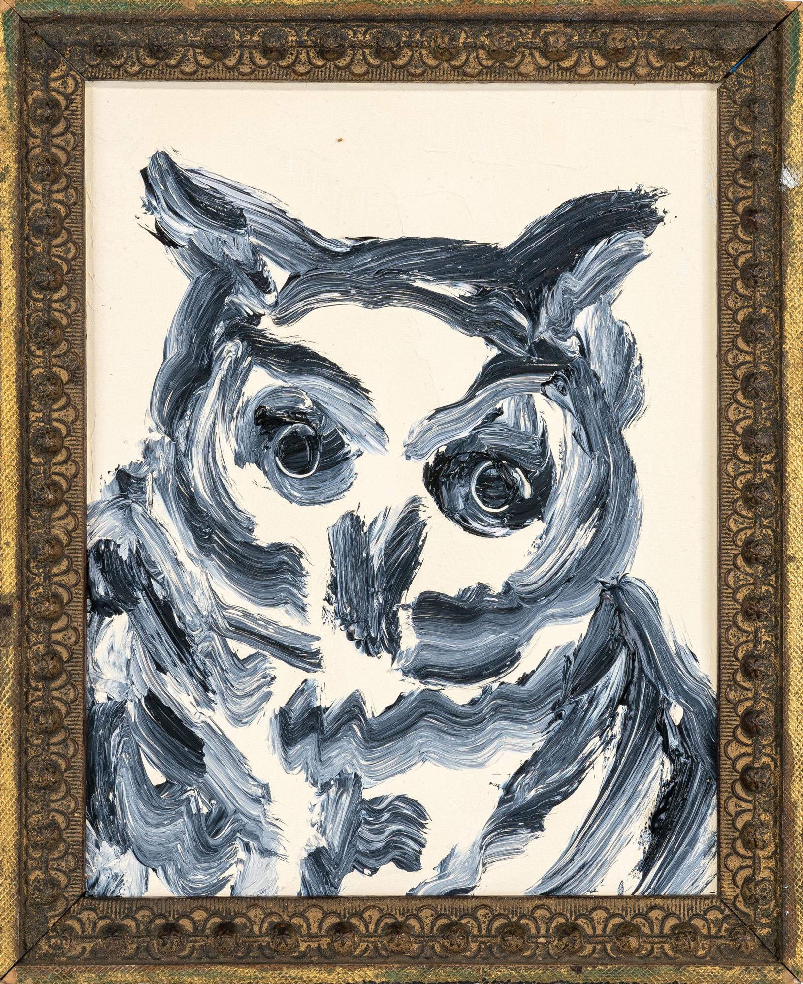 "Hoot" is a framed oil painting on wood by Hunt Slonem, depicting a singular owl in painterly contour lines set against a simple cream colored background. 

This piece is finished in an antique frame, which has been hand-selected by the artist for