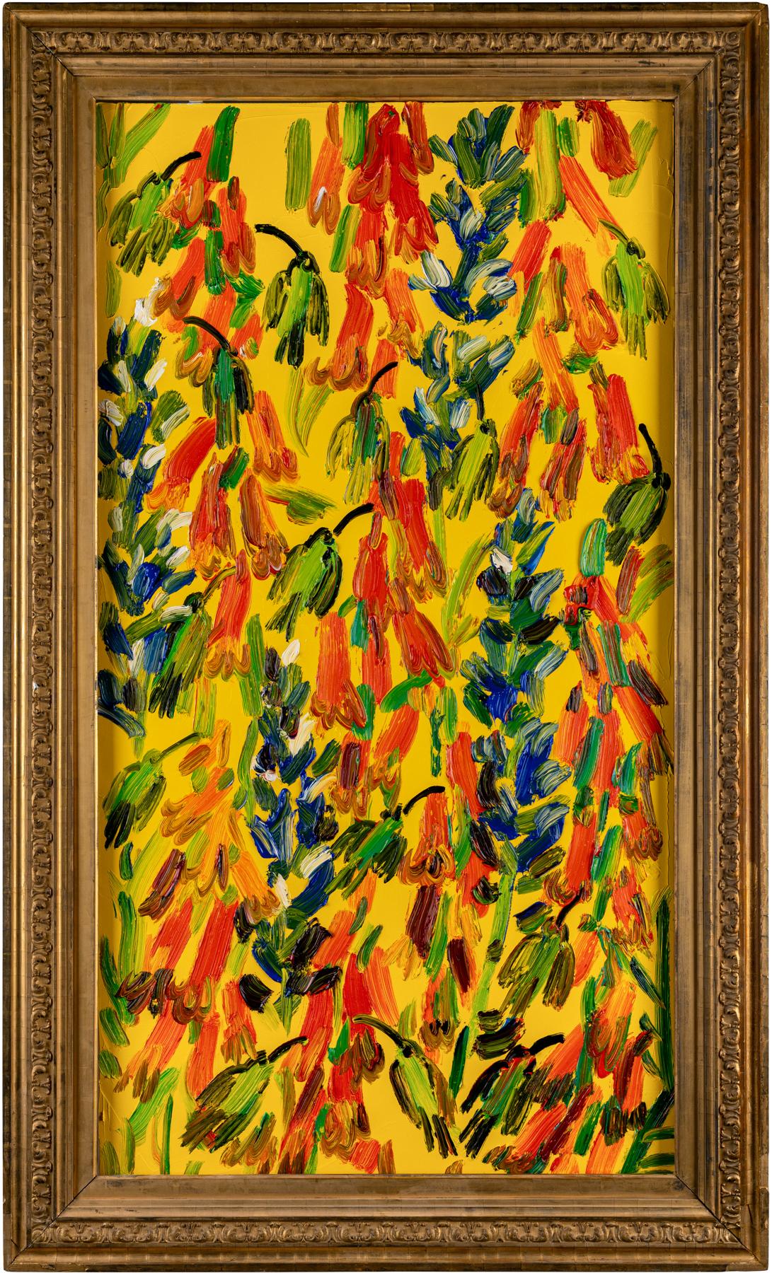 Hunt Slonem "Hummingbirds Lupin" on Yellow
Green hummingbirds with flowers on a yellow background in an antiqued wood and gold frame.

Unframed: 48 x 26 inches
Framed: 56 x 33 inches
*Painting is framed - Please note Hunt Slonem paintings with