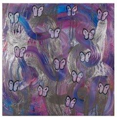Hunt Slonem "Hutch Kaleidoscope Fratilery" Butterflies On Metallic Silver Swirl
