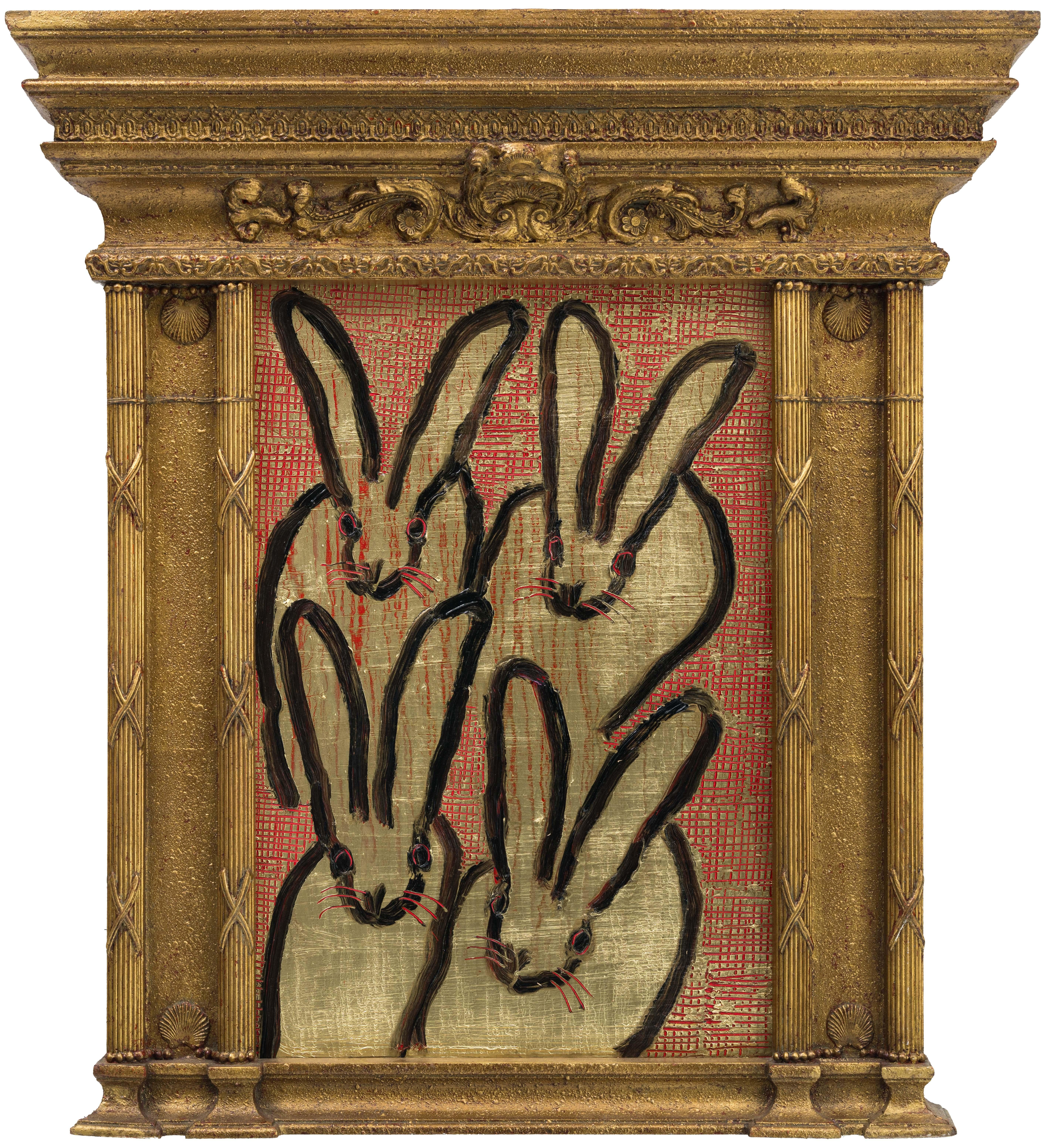 Hunt Slonem "Hutch Scored" Family of Four Bunnies on Red and Gold
4 bunnies gestured in black on a gold and red background in a vintage frame.

Unframed: 30 x 20 inches
Framed: 41.5 x 38 inches
*Painting is framed - Please note Hunt Slonem paintings