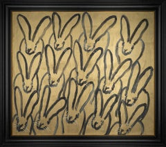 Hunt Slonem "Hutch Scotch" Oil Painting of Black Bunnies on a Golden Background