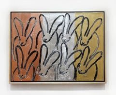 Hunt Slonem "Hutch Trio Metallics" Original painting of bunnies in oil