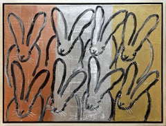 Hunt Slonem "Hutch Trio Metallics" Original painting of bunnies in oil